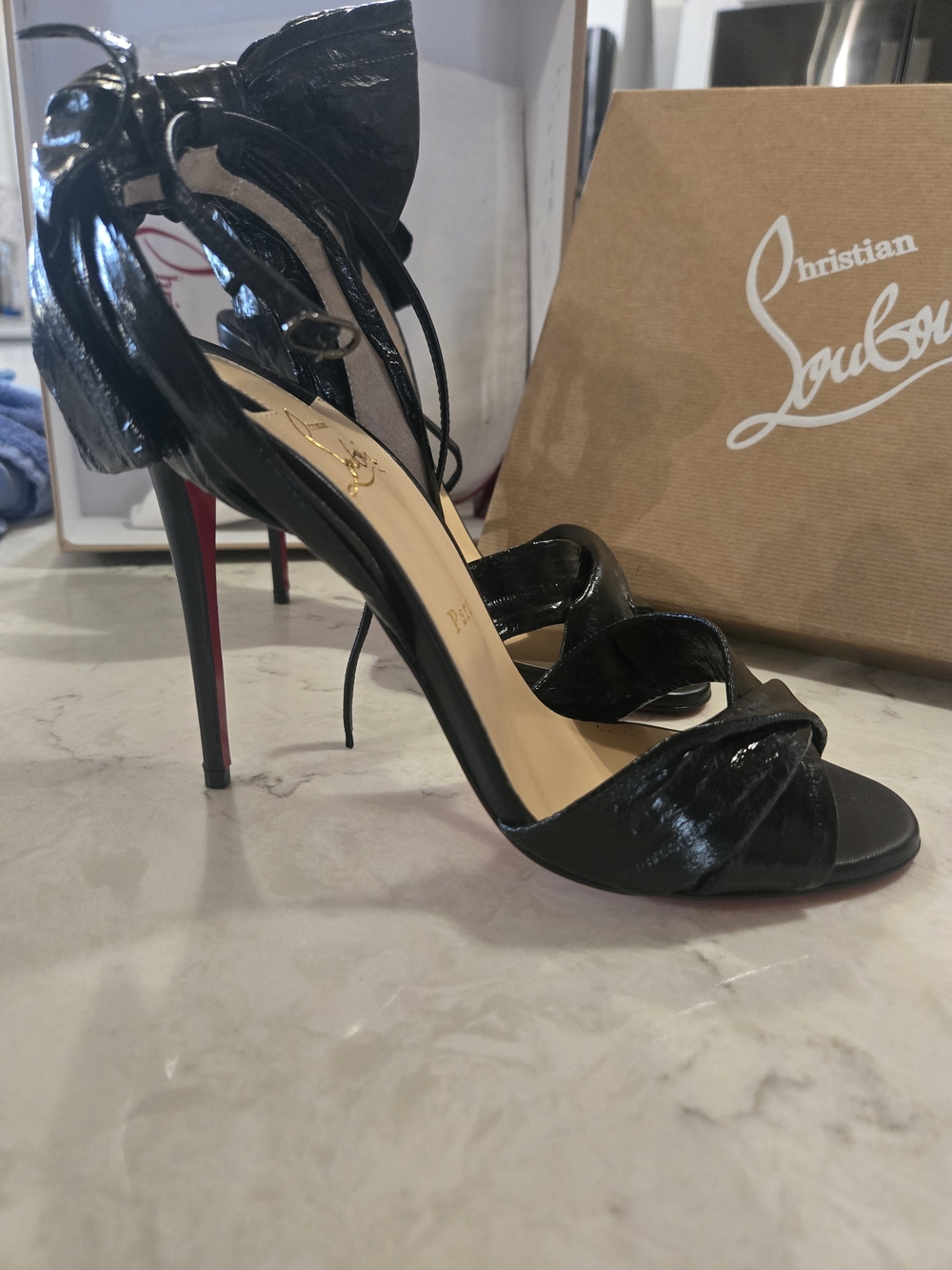 Christian Louboutin Black Leather Bow Ankle-Tie Heels 40 NIB!!! - Picture 13 of 16